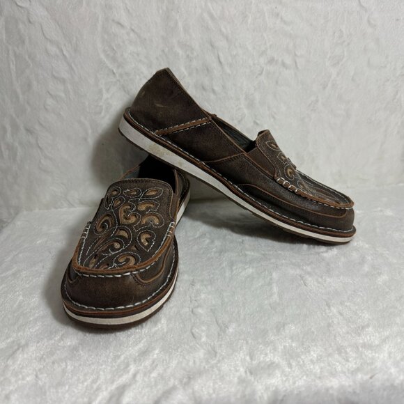 Ariat Embroidered Brown Leather Suede Slip-On Loafers Cruisers 11B 10035877 - Picture 1 of 7
